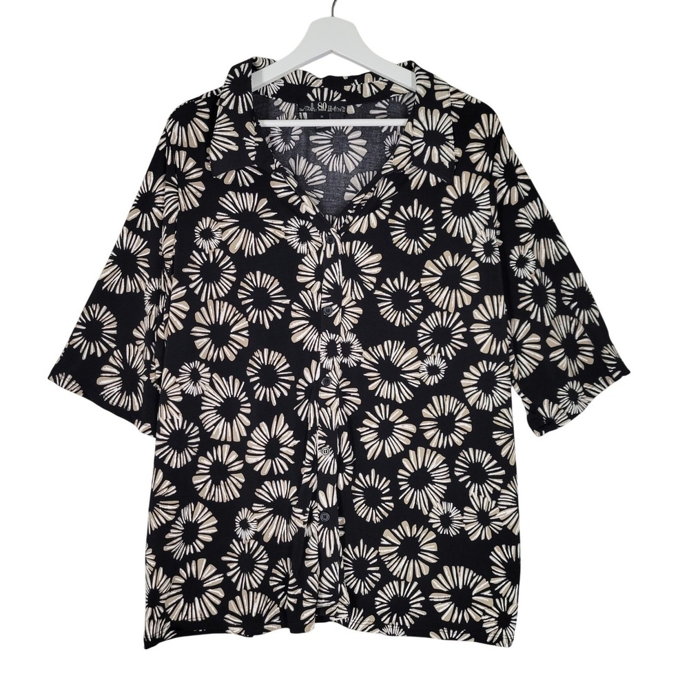 80 Park Shirt Top Womens 1X Black Tan‎ Floral Sunburst Short Sleeve Button Artsy